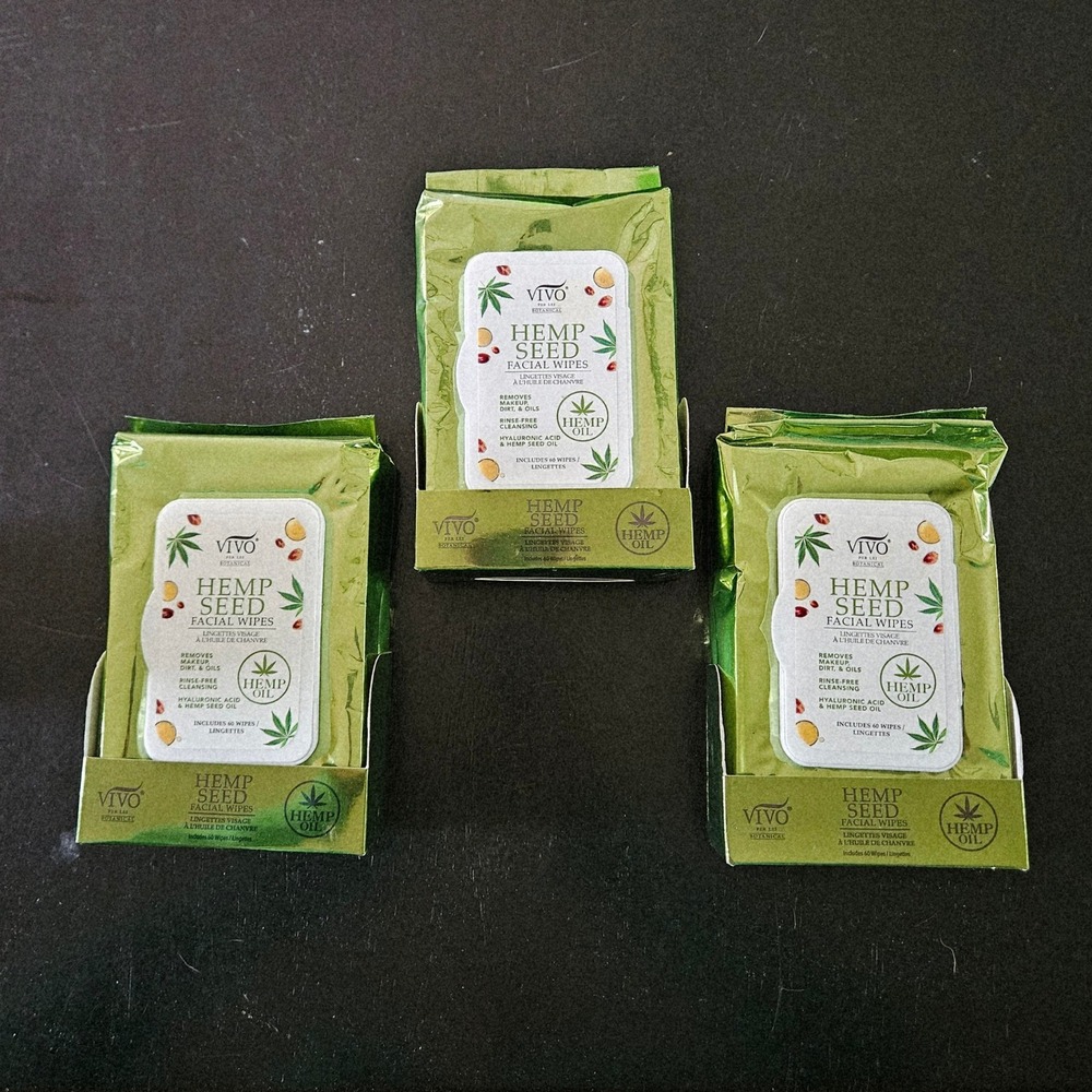 Vivo Per Lei Unisex Green‎ Hemp Seed Hyaluronic Acid Facial Wipes 3 Pack 180ct